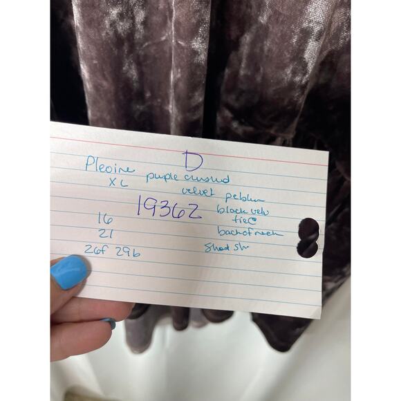 Anthropologie Pleione shirt blouse top crushed velvet purple w black tie XL - Picture 10 of 12